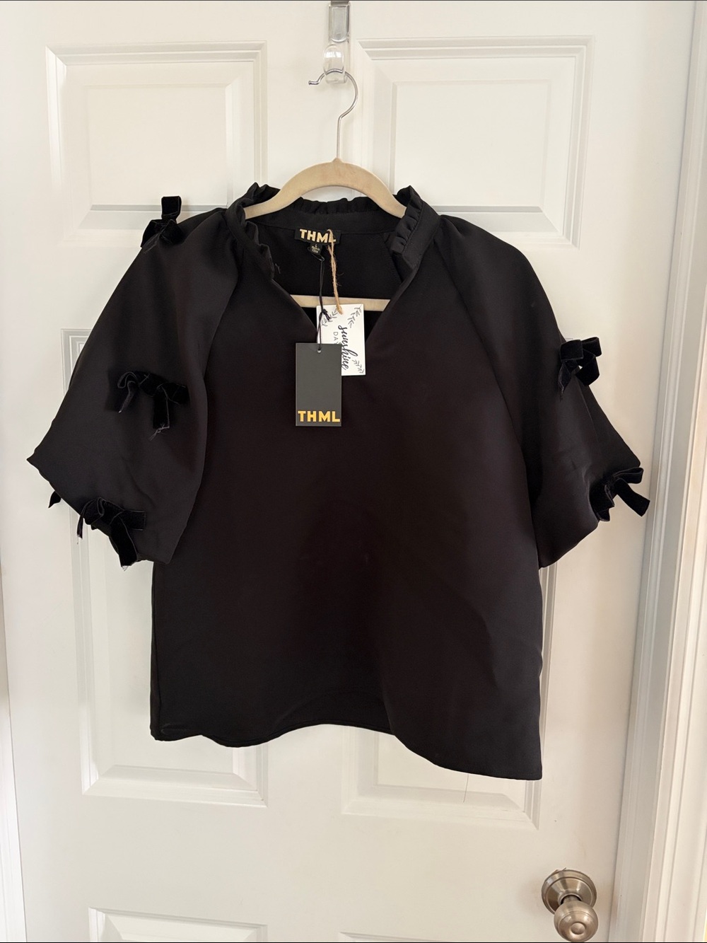THML Black Short Sleeve Top with Sleeve Bows